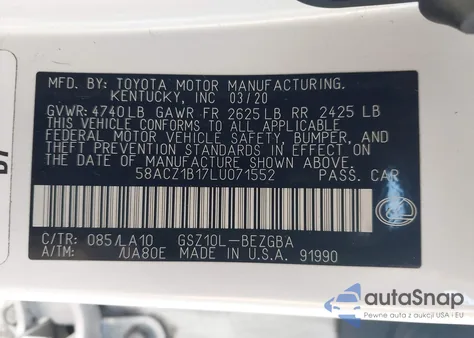 2020 Lexus Es z USA, uszkodzony, nr VIN 58ACZ1B17LU071552